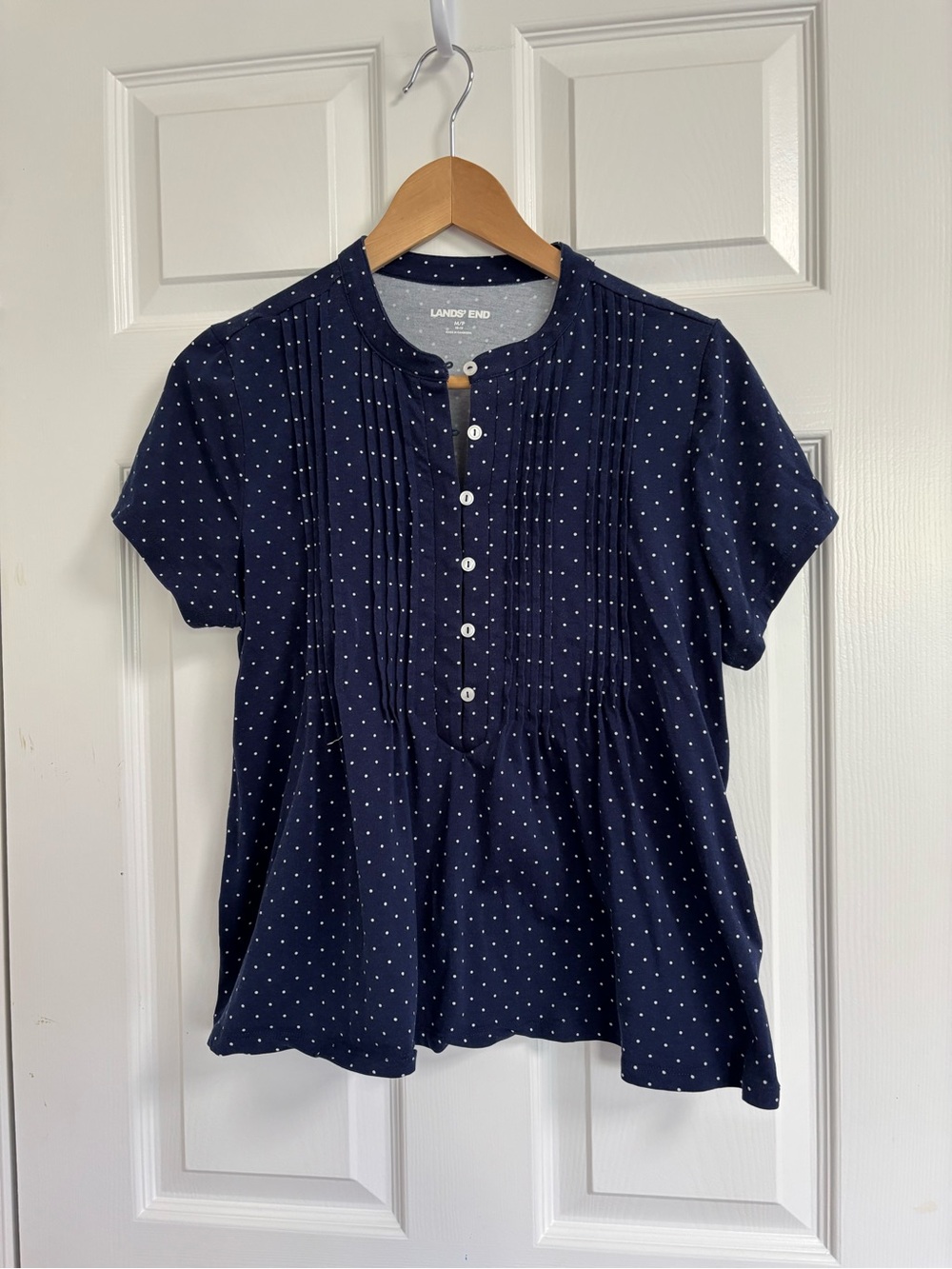 Lands' End Navy White Polka Dot Pintuck Button-Front Top NWOT